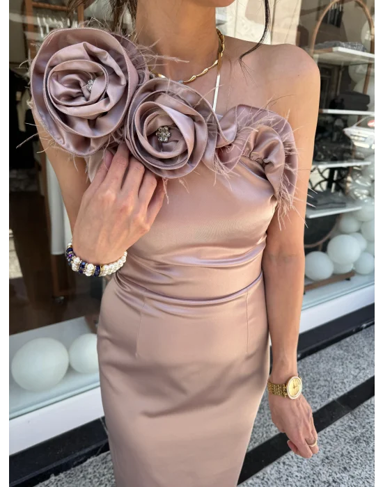 Tek Omuz Midi Boy Elbise Vizon