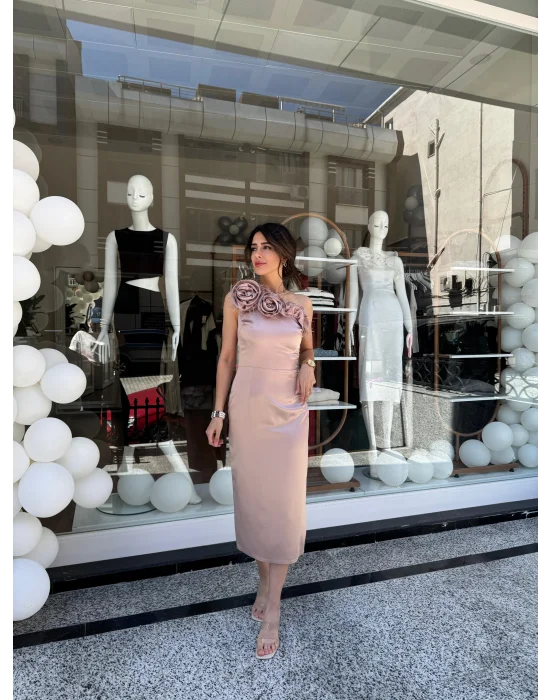 Tek Omuz Midi Boy Elbise Vizon