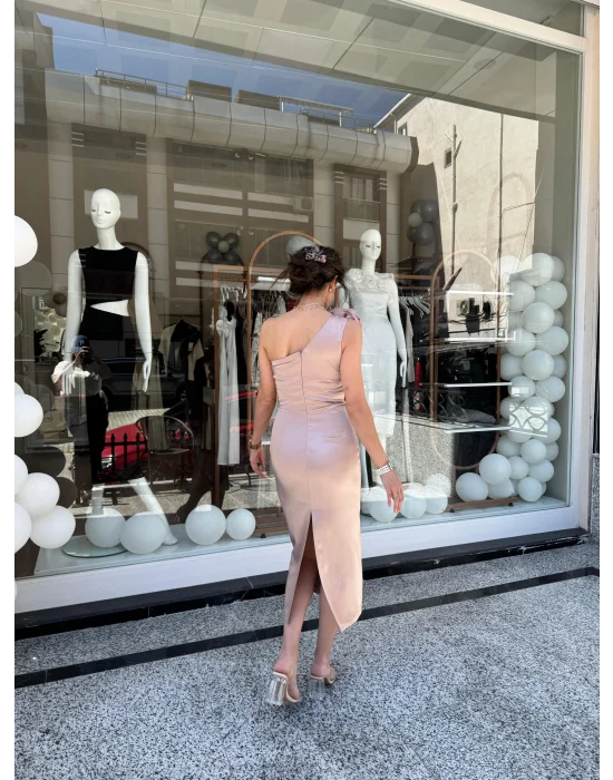 Tek Omuz Midi Boy Elbise Vizon