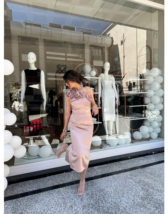 Tek Omuz Midi Boy Elbise Vizon