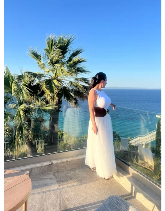 Tül Detaylı Şık Maxi Etek – Beyaz