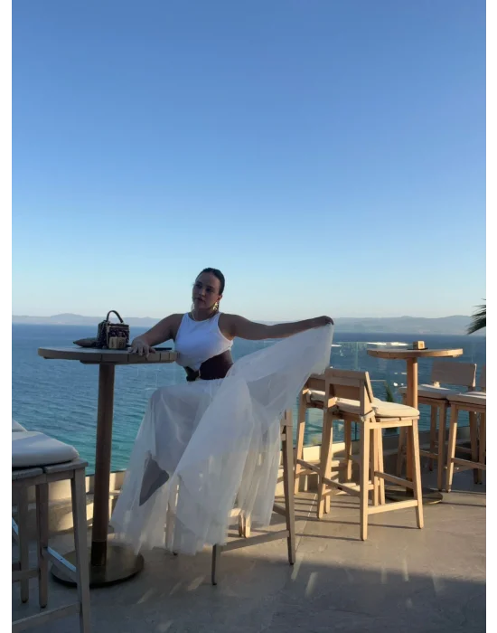 Tül Detaylı Şık Maxi Etek – Beyaz