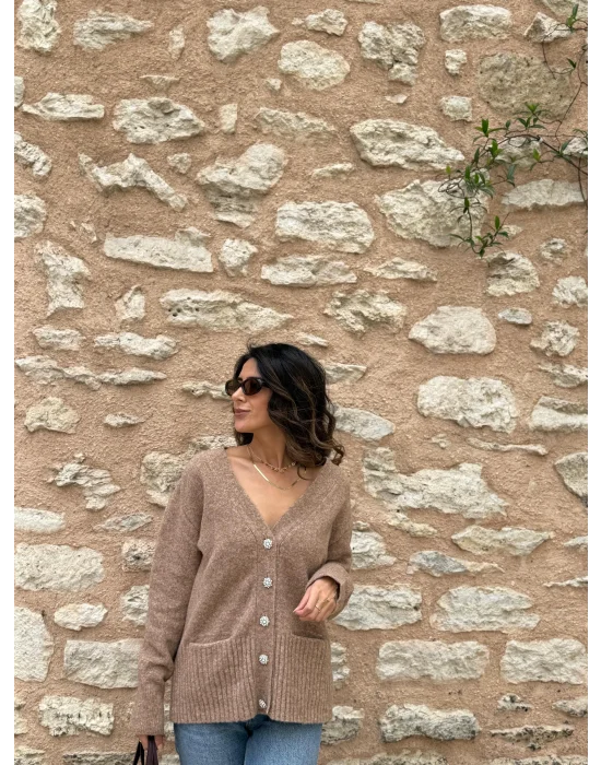 V YAKA TAŞ DUGMELİ CEPLİ YUMUSAK DOKULU TRİKO HIRKA