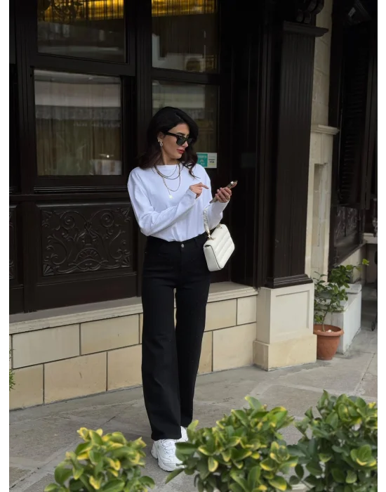 Yüksek Bel Likralı Palazzo Kadın Jean Kot Pantolon Siyah TAŞLI