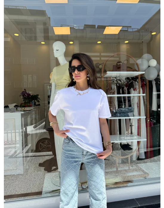 Yüksek Yaka Basic Tişört Beyaz