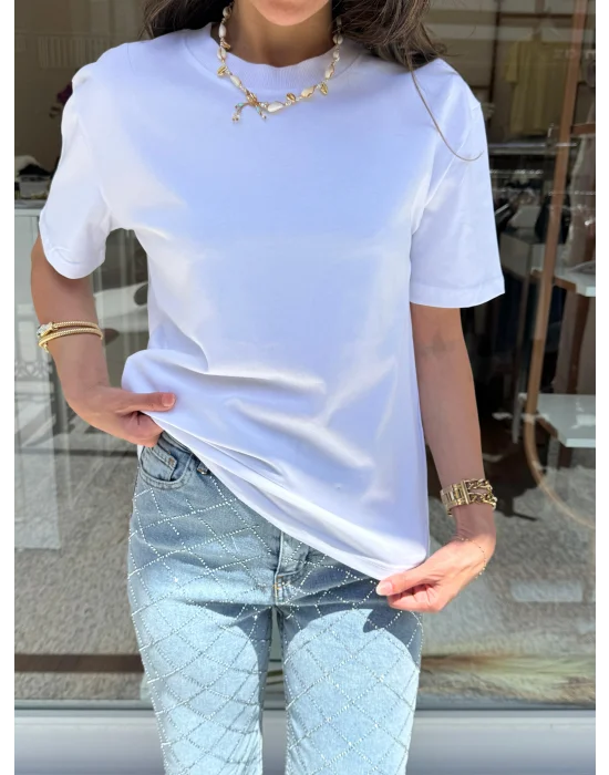 Yüksek Yaka Basic Tişört Beyaz