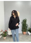 Yaka Fermuarlı Sweatshirt Siyah