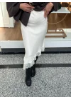 ASİMETRİK KESİM DANTEL DETAYLI MİDİ SATEN ETEK