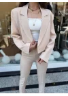 Crop Ceketli Blazer Takım bej