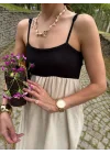Ekru Patchwork Maxi Keten Elbise