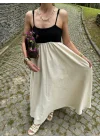 Ekru Patchwork Maxi Keten Elbise