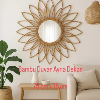 El Yapımı Bambu Duvar Aynası – Doğal Bohem Dekor, 75 cm