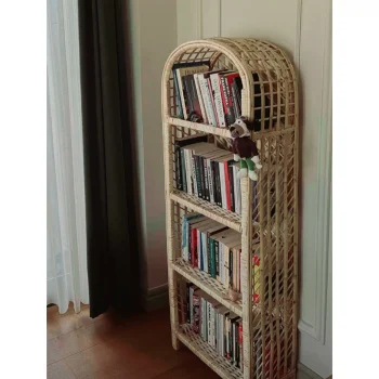 Hasır 4 Katlı Doğal Raf – Bohem Tarz Dekoratif Kitaplık & Düzenleyici