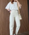 Beli lastikli Krem Mom Jean ( bir beden büyük alınmalı )
