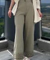 Beli Lastikli Nakışlı Haki Pantolon