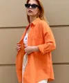 Çift Cepli Turuncu Keten Gömlek