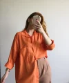 Çift Cepli Turuncu Keten Gömlek