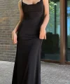 Degaje Yaka Uzun Siyah İpli Elbise