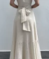 İçi Astarlı Midi boy Keten Bej Elbise
