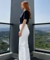 Yüksek Bel Pamuk Dokuma Beyaz Jean