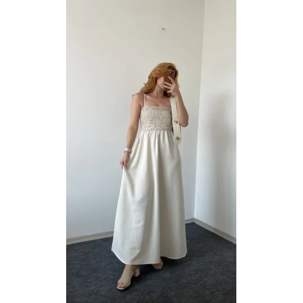 Askılı Taş Keten Elbise