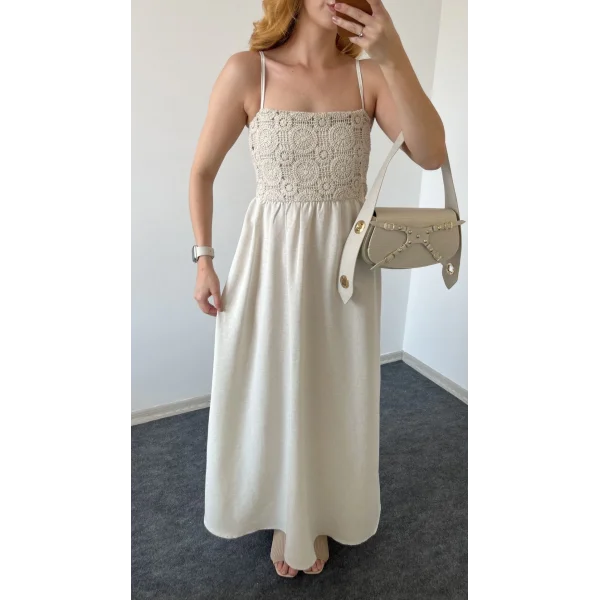 Askılı Taş Keten Elbise