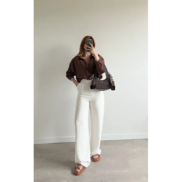 Beli Bantlı İçi Astarlı Beyaz Pantolon