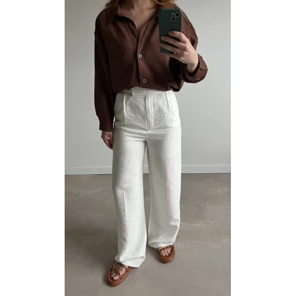 Beli Bantlı İçi Astarlı Beyaz Pantolon