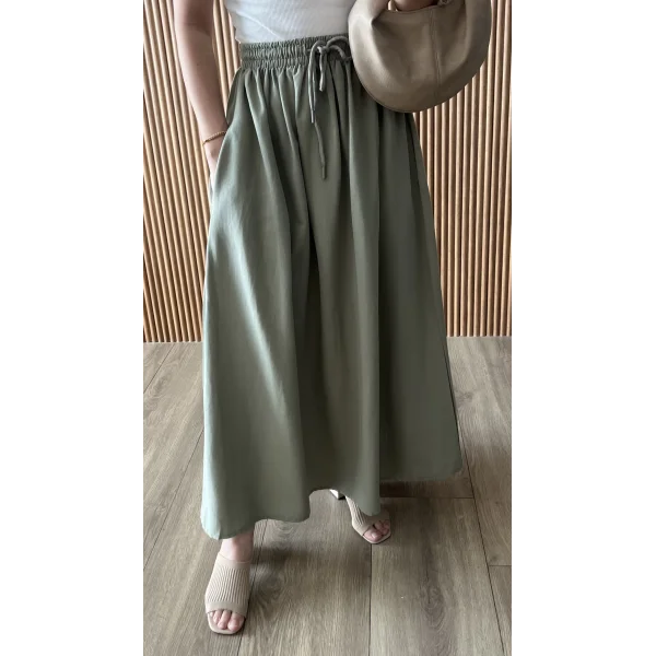 Midi Boy Kloş Haki Keten Etek (GENİŞ KALIP )