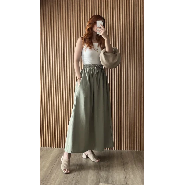 Midi Boy Kloş Haki Keten Etek (GENİŞ KALIP )