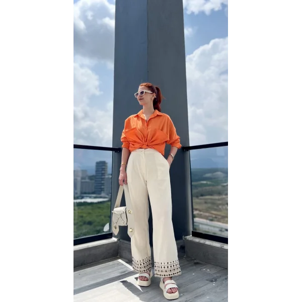 Beli Lastikli Nakışlı Ekru Pantolon