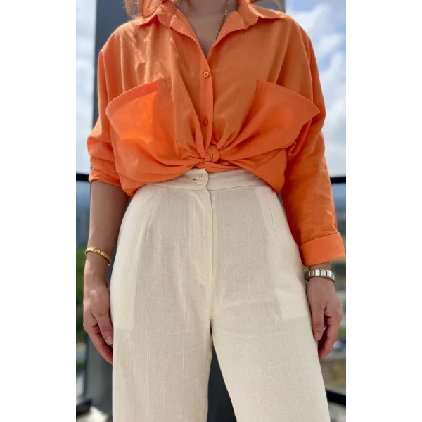 Beli Lastikli Nakışlı Ekru Pantolon