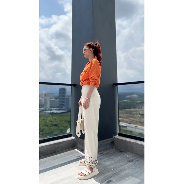 Beli Lastikli Nakışlı Ekru Pantolon