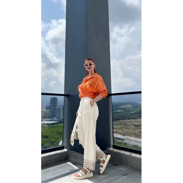 Beli Lastikli Nakışlı Ekru Pantolon