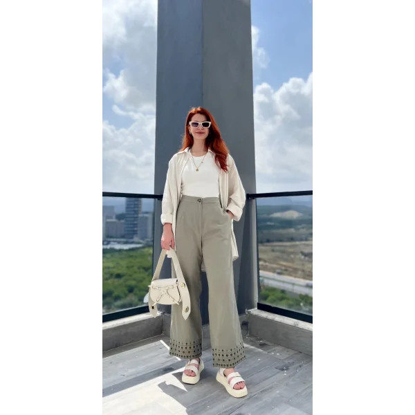 Beli Lastikli Nakışlı Haki Pantolon