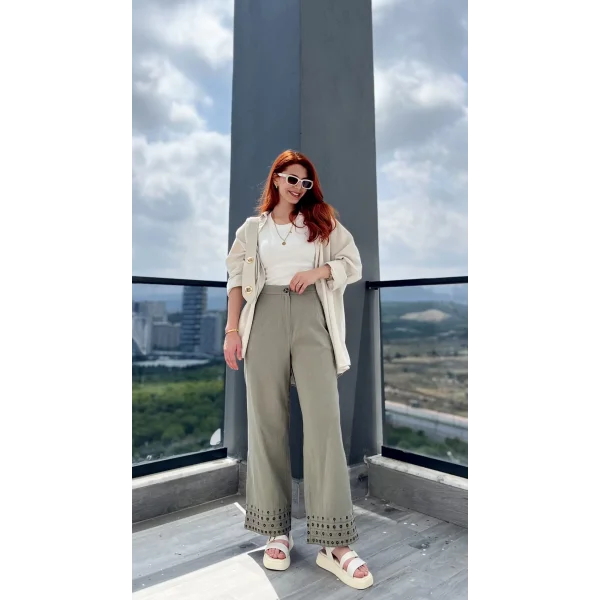 Beli Lastikli Nakışlı Haki Pantolon