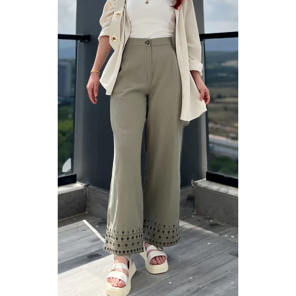 Beli Lastikli Nakışlı Haki Pantolon