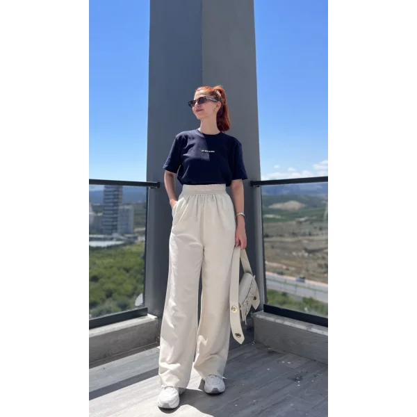 Beli Lastikli Taş Keten Pantolon