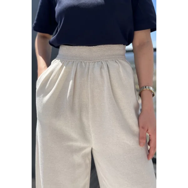 Beli Lastikli Taş Keten Pantolon