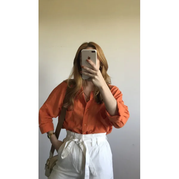 Çift Cepli Turuncu Keten Gömlek