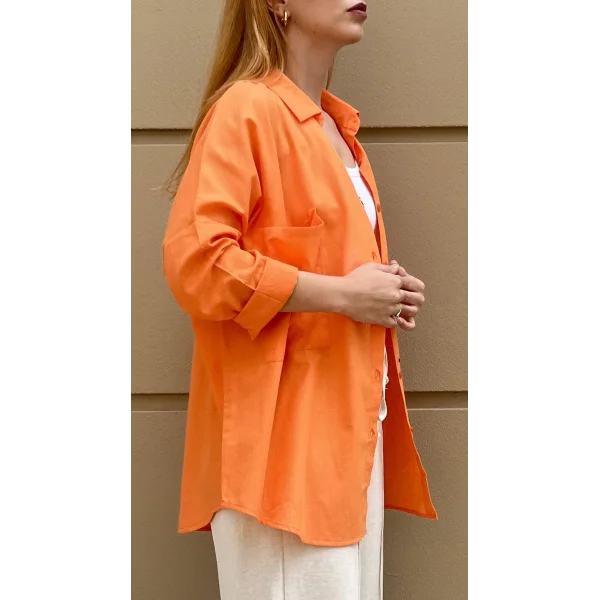 Çift Cepli Turuncu Keten Gömlek