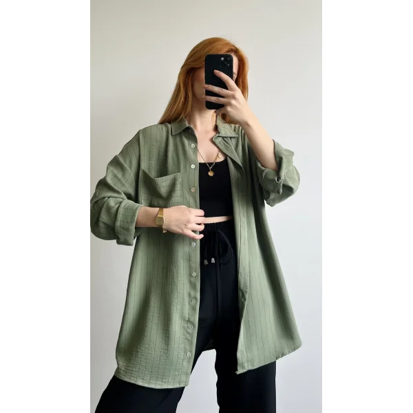 Çizgili Yeşil Uzun Gömlek