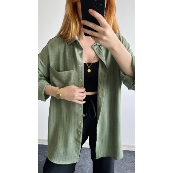 Çizgili Yeşil Uzun Gömlek