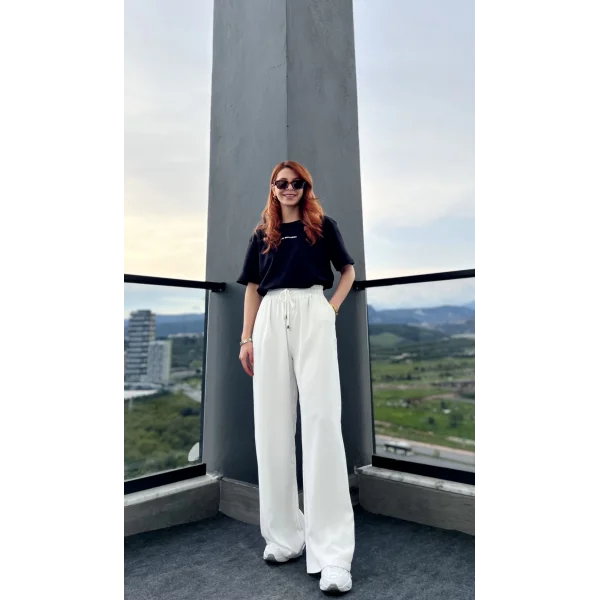 Dökümlü Beyaz Bol paça Pantolon