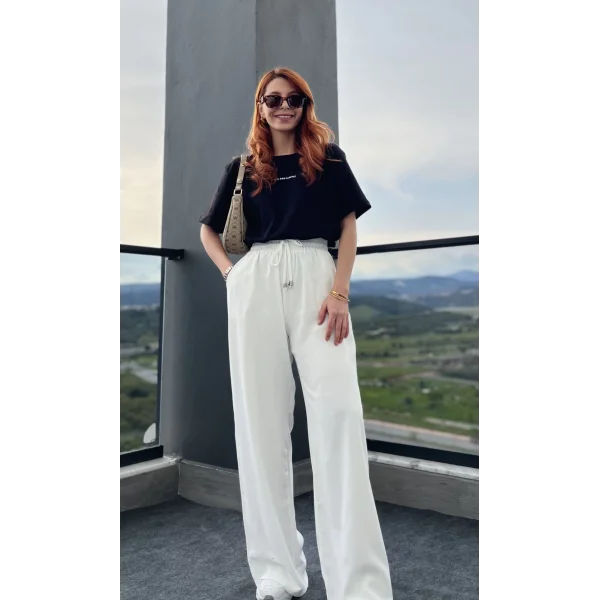 Dökümlü Beyaz Bol paça Pantolon