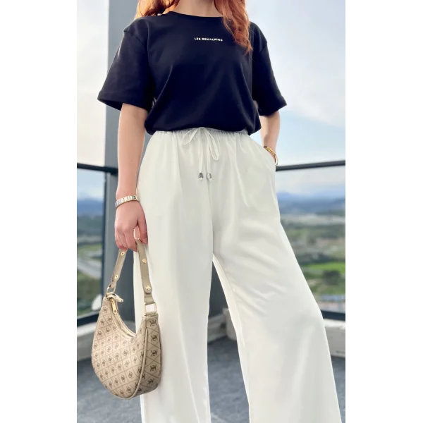 Dökümlü Beyaz Bol paça Pantolon