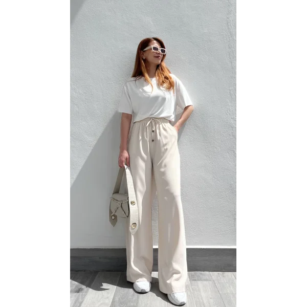 Dökümlü Bol Paça Bej Pantolon