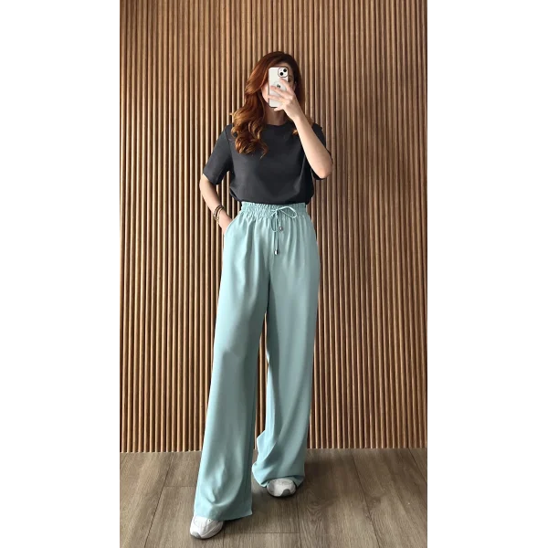 Dökümlü Bol Paça Mint Pantolon