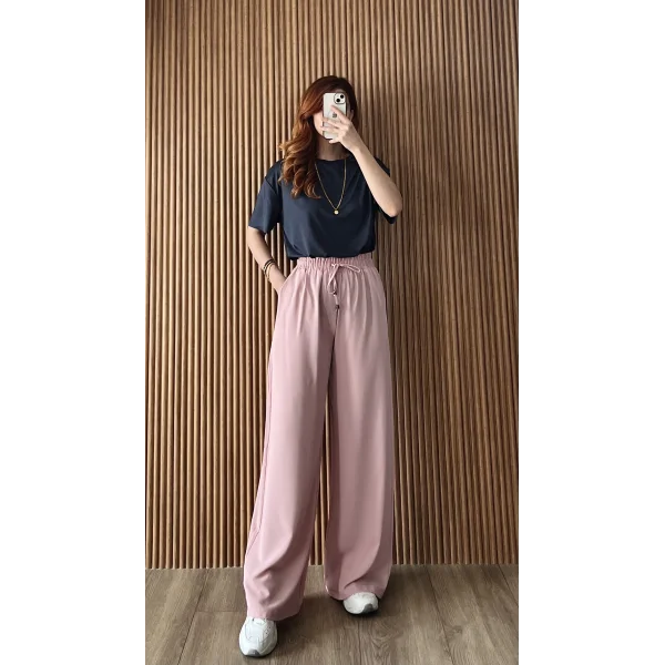 Dökümlü Bol Paça Pudra Pantolon