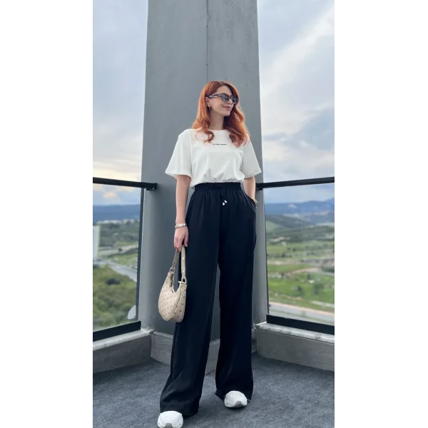 Dökümlü Siyah Bol Paça Pantolon